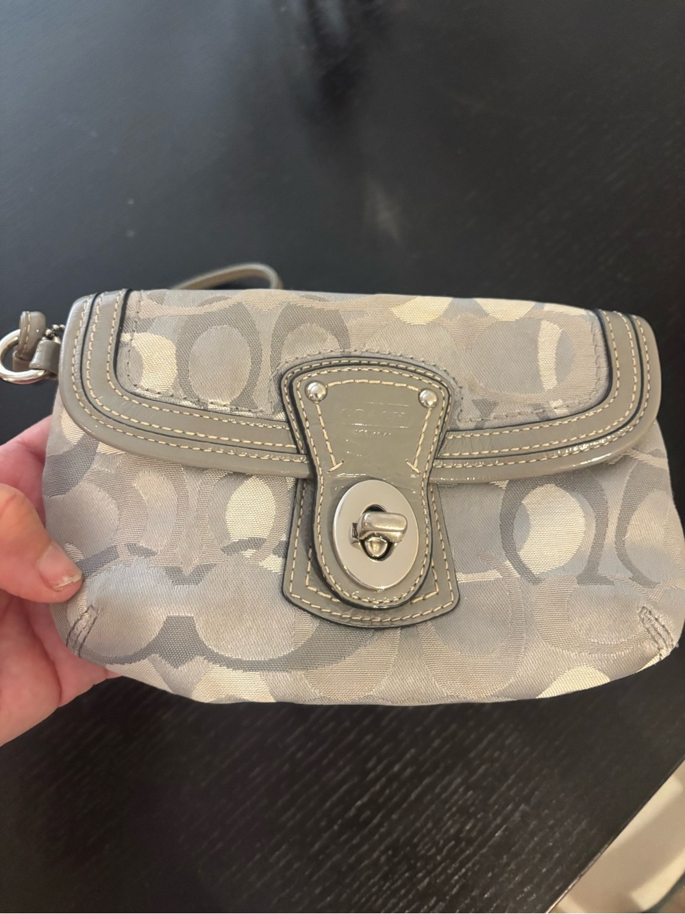 Coach Silver Gray Signature Turnlock Wristlet